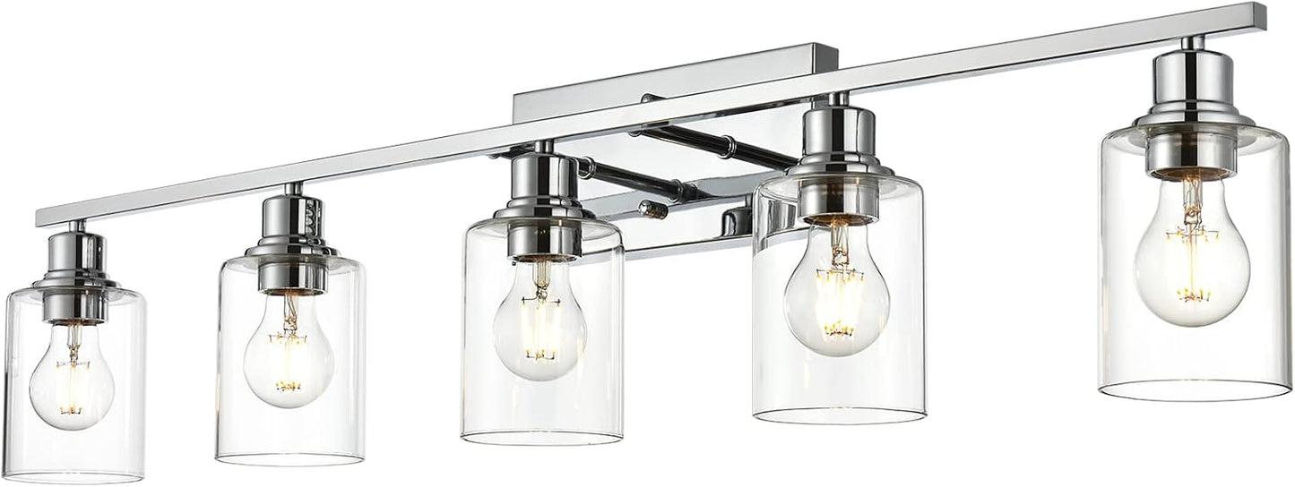 Lámpara baño 5 luces cromo vidrio cilíndrico transparente