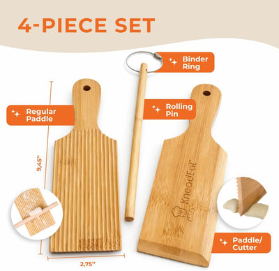 Juego tabla ñoquis bambú rodillo paletas cortador cocina italiana