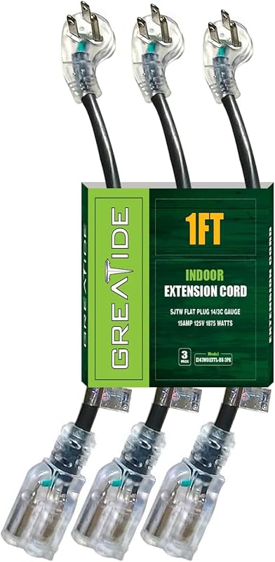 Cable extensión iluminado 14/3 1pie 3 clavijas negro perfil bajo UL
