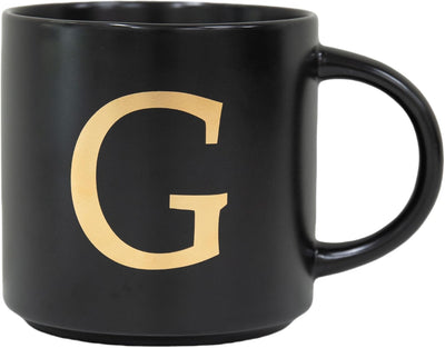 Taza cerámica dorada con inicial negra 15oz elegante con caja
