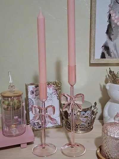 Portavelas cristal con lazo para candelabros rosa set 2