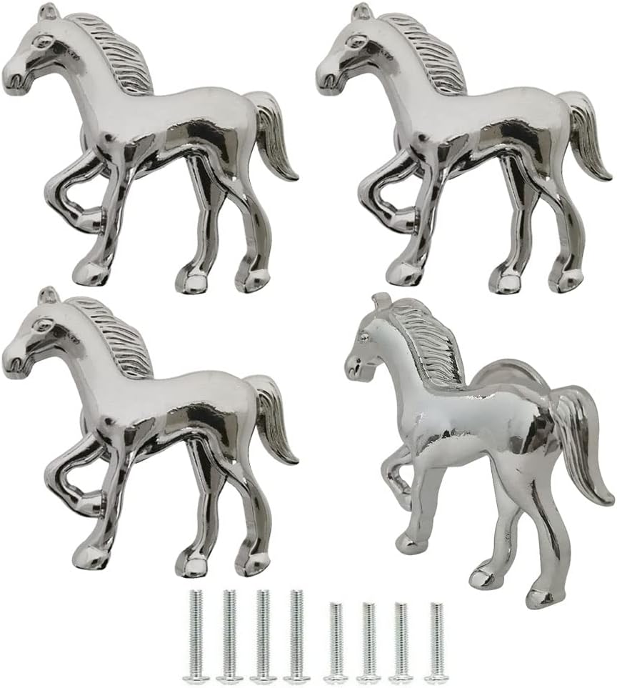 Pomo caballo 4 pzas para mesita noche niños plateado