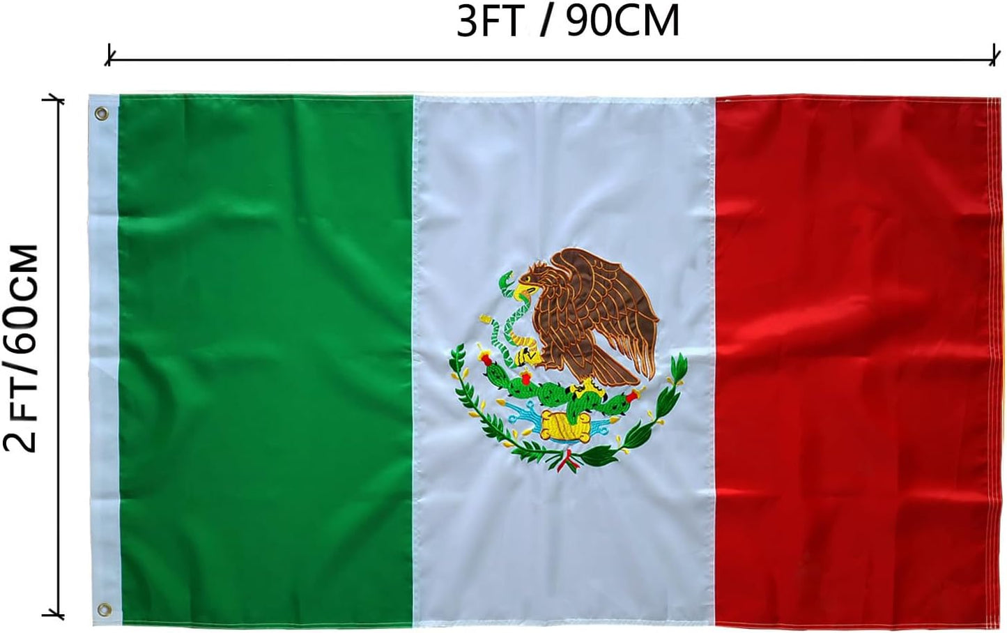 Bandera México 2x3ft bordada poliéster 210d ojales latón