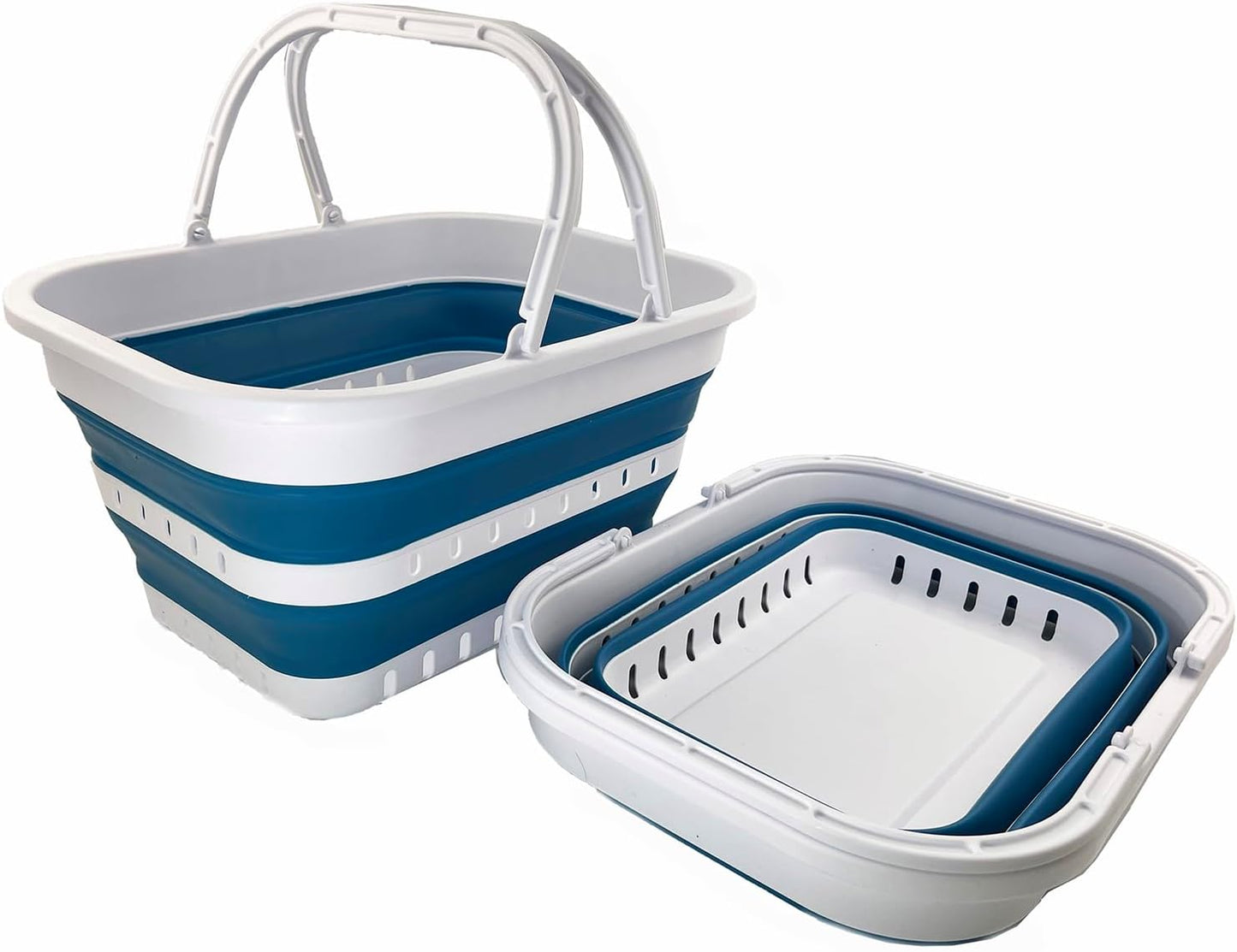 Tina plegable 19L con asa para picnic camping hogar blanco/azul