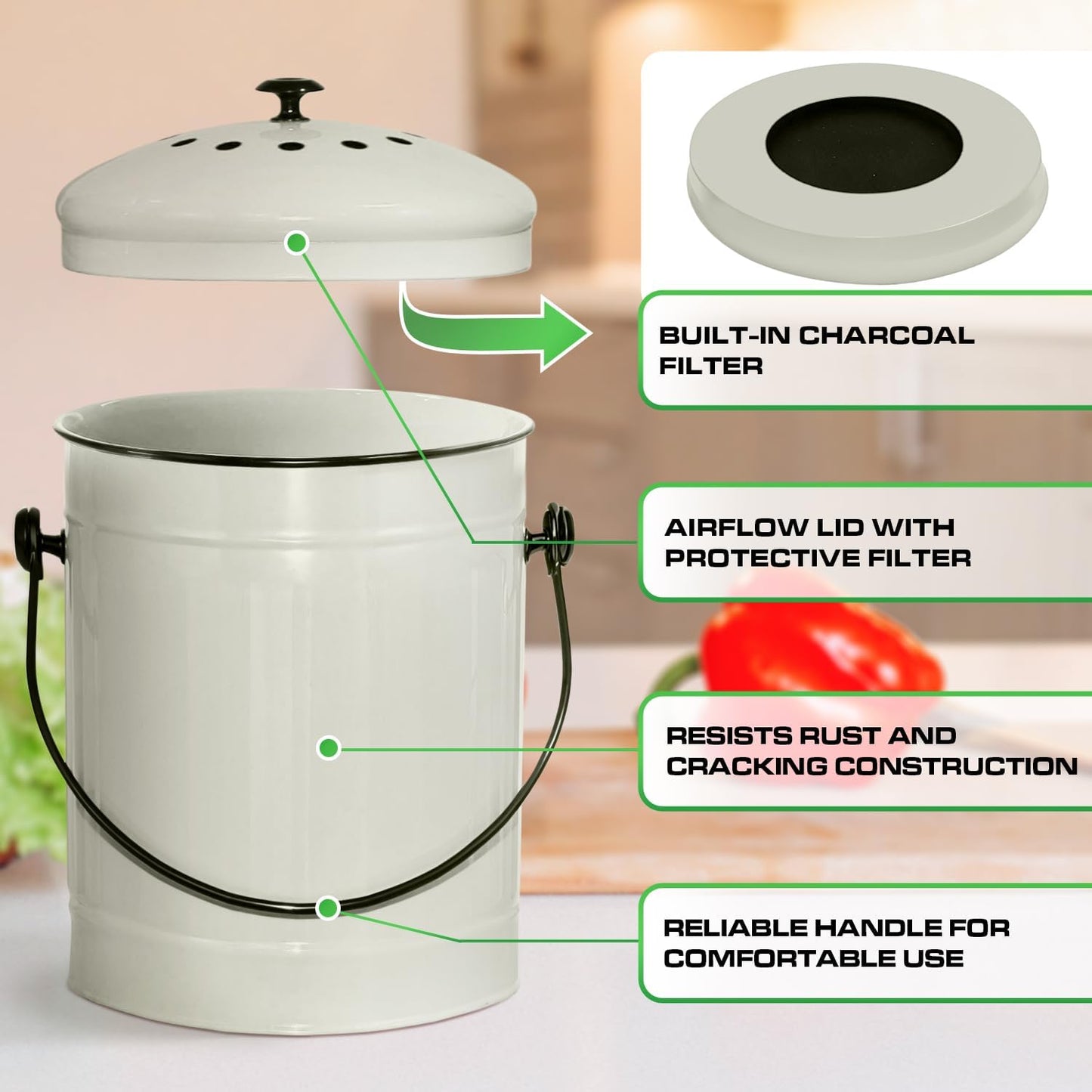 Contenedor compost acero inox 1.5gal con filtro carbón