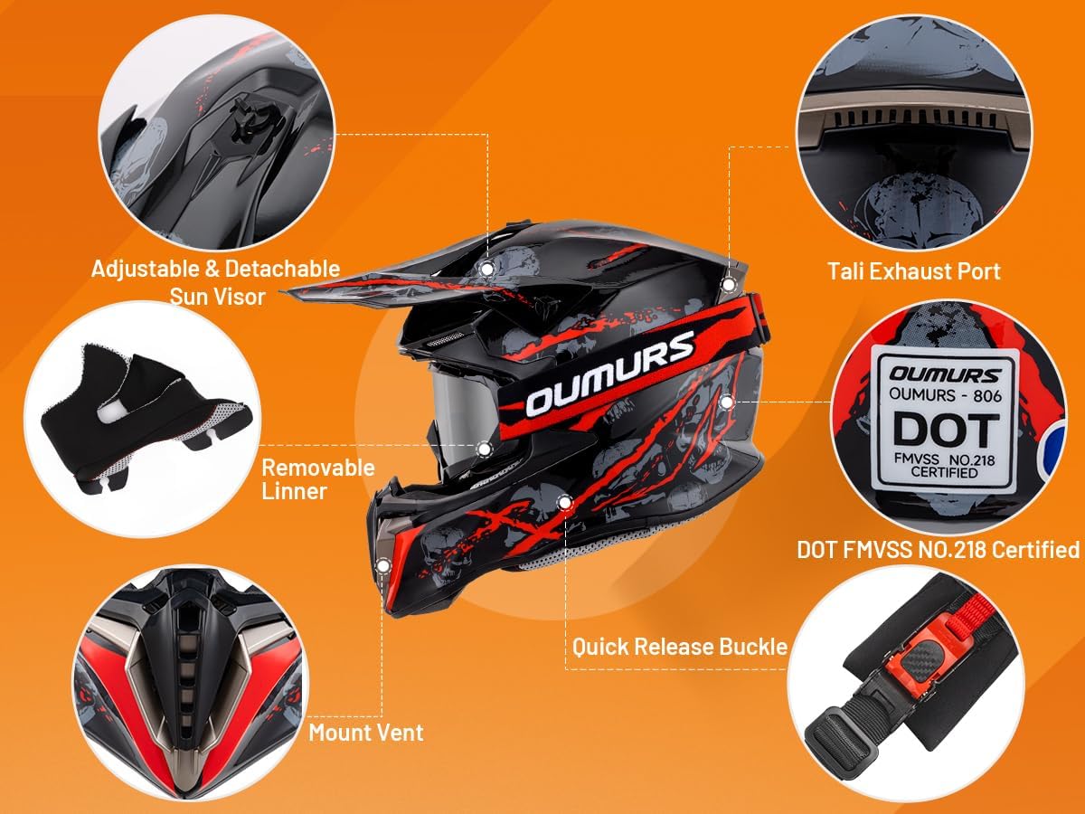 Casco motocross para adultos con visera solar y guantes
