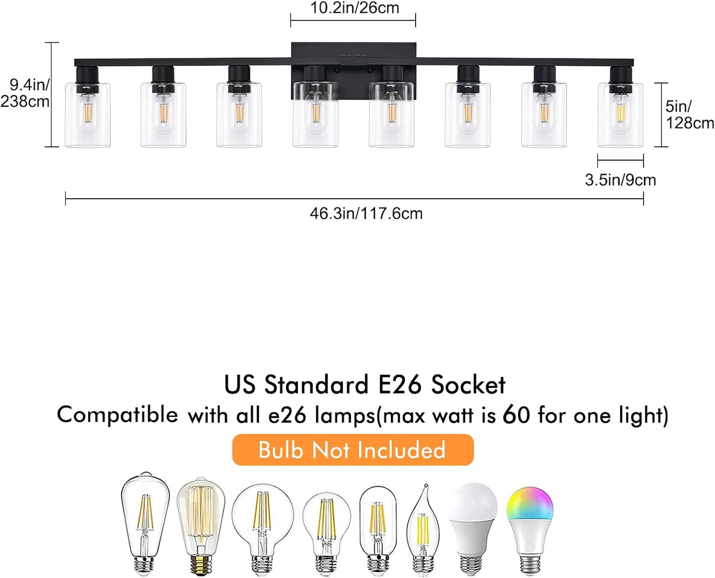Lámpara tocador baño 8 luces negro mate vidrio transparente