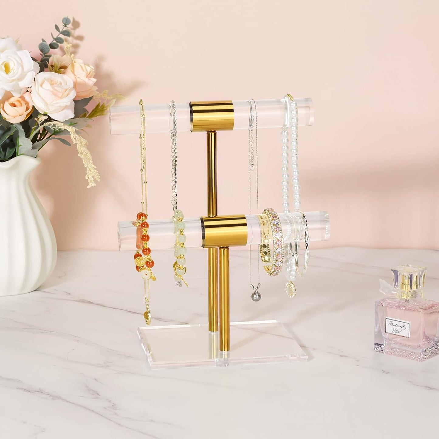 Soporte joyas acrílico 2 niveles barra T cristal