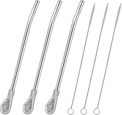 Juego de 6 popotes de yerba mate de acero inoxidable con cucharas y cepillos