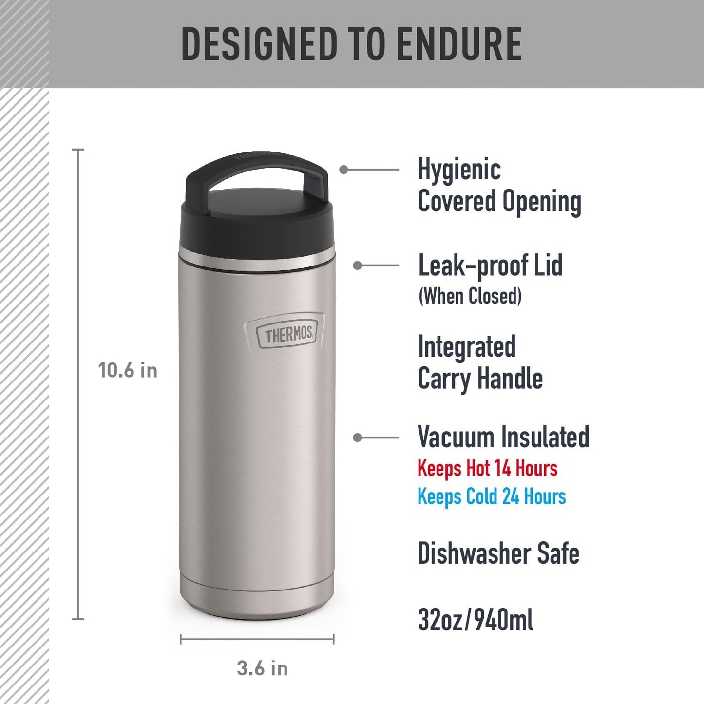 Botella agua acero inox mate 32oz aislada vacío