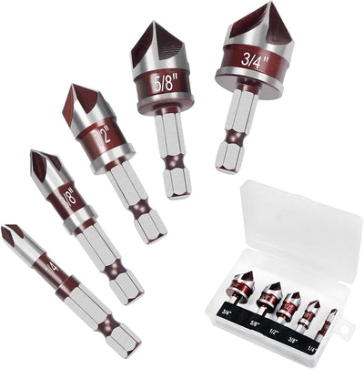 Set 5 Brocas Avellanadoras HSS 1/4pulg 82grados para Madera Metal