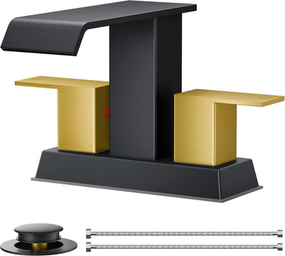 Grifo baño cuadrado 2 asas 4pulg negro mate y dorado