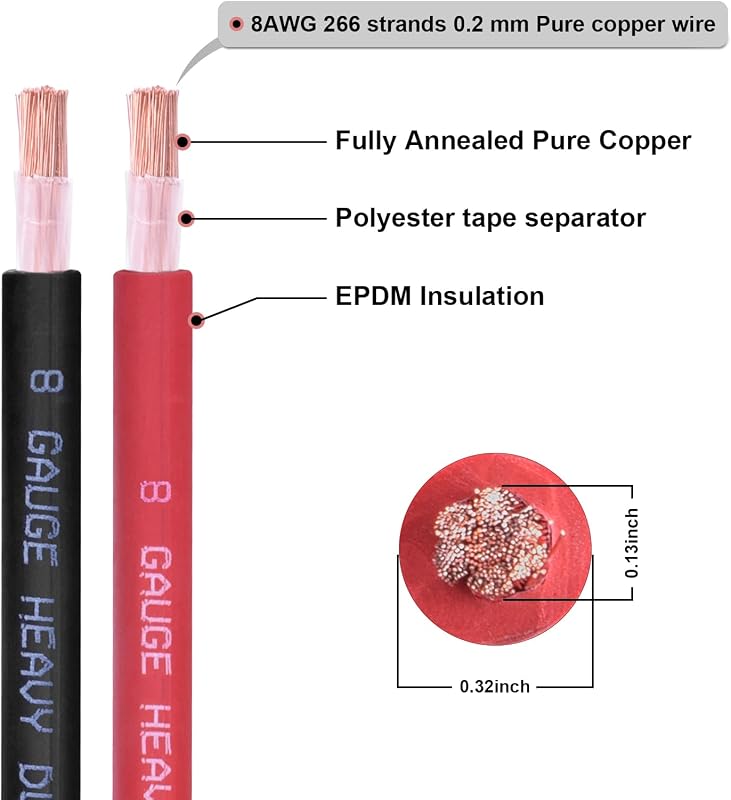 Cable batería 8-15 ft rojo/negro 8 AWG cobre OFC