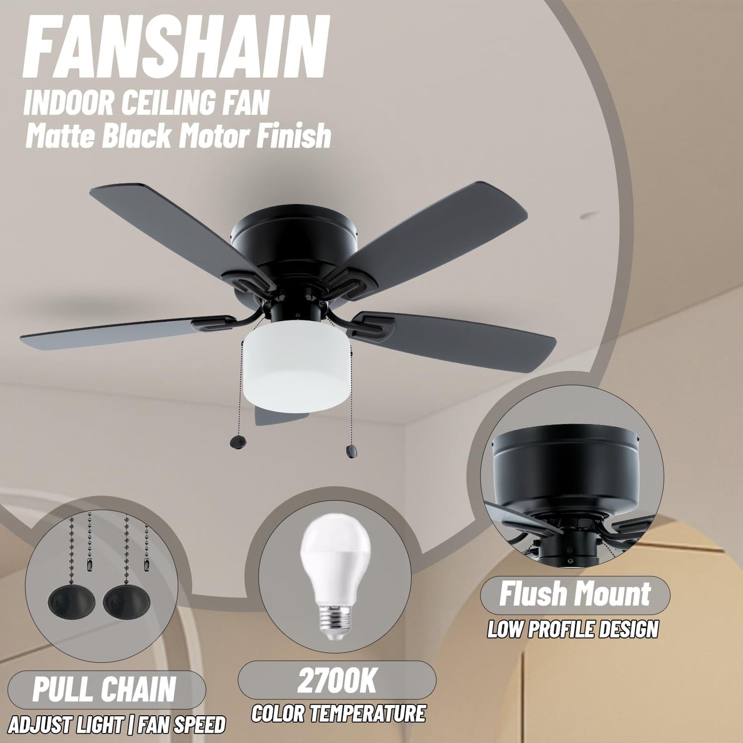 Ventilador techo cadena 42pulg con luz led reversible negro