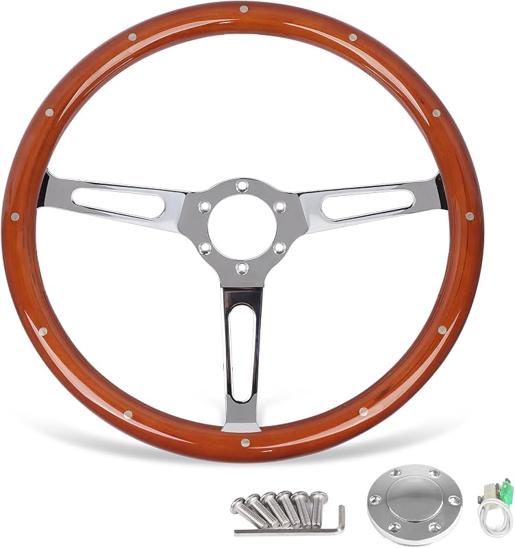 Volante clásico madera 380mm 3 radios botón bocina marrón