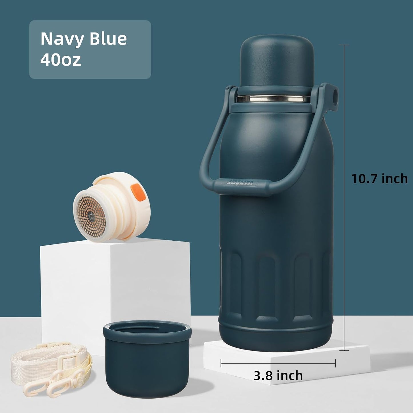 Botella agua aislada asa correa 40oz azul marino