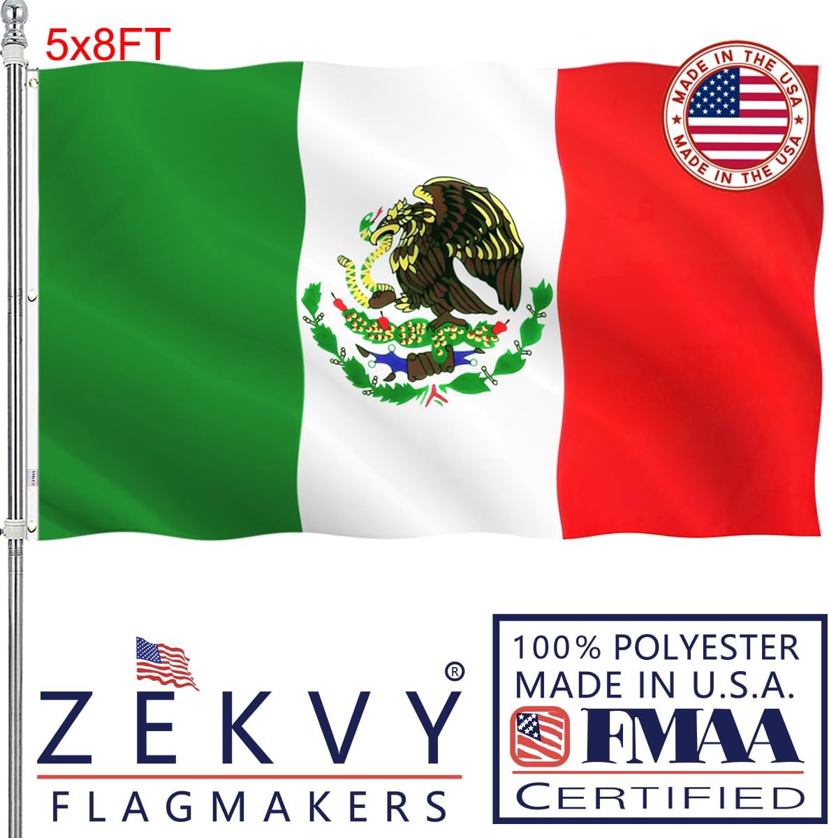 Bandera México 5x8 doble cara resistente con ojales latón