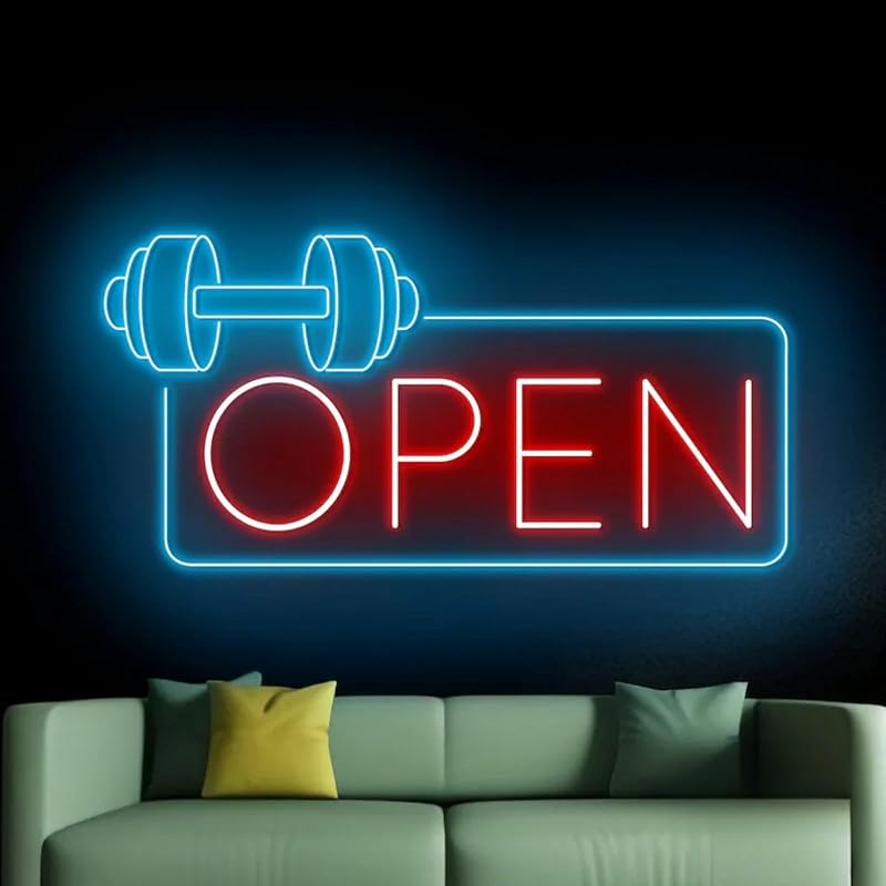 Letrero neón abierto para gimnasio y casa