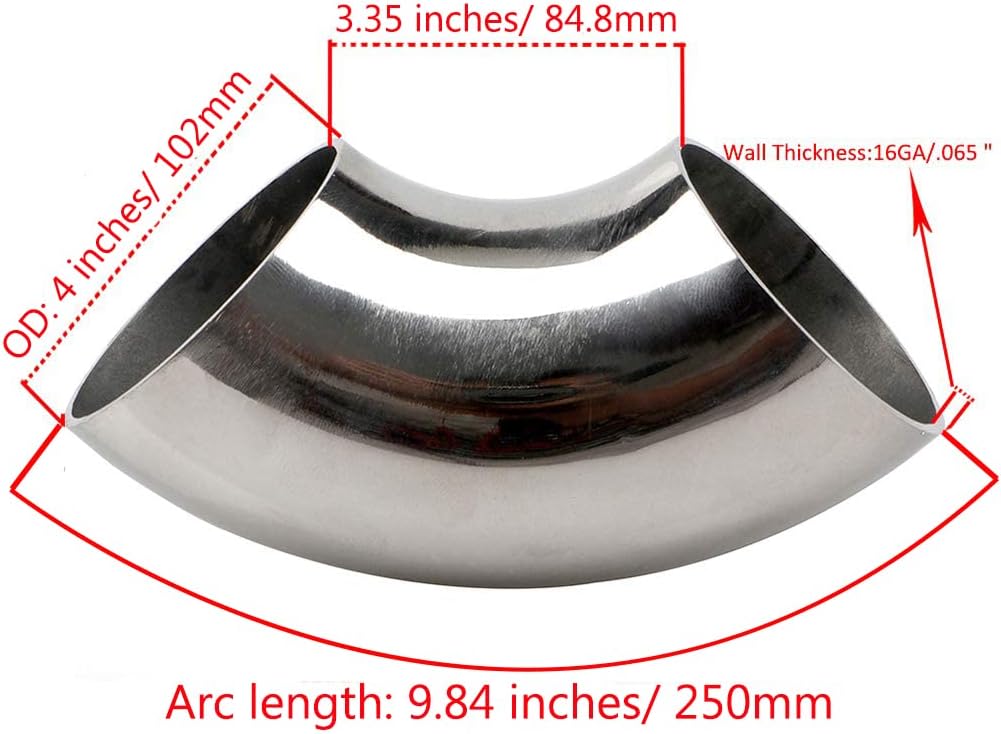Codo acero inox 4" 90° curva mandril espesor 16GA SS304