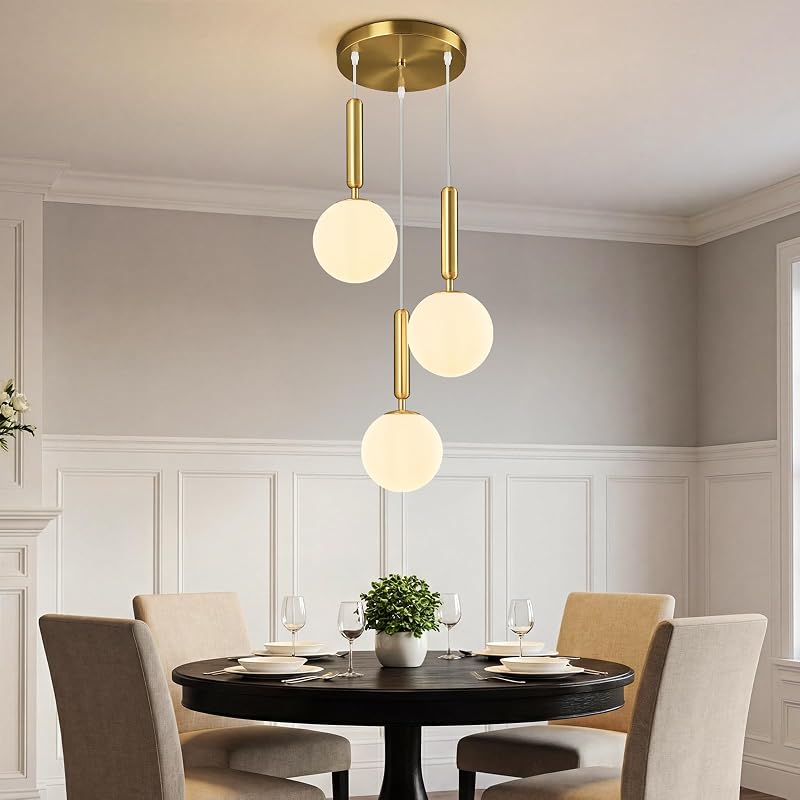 Lámpara colgante isla cocina 3 luces globo vidrio blanco