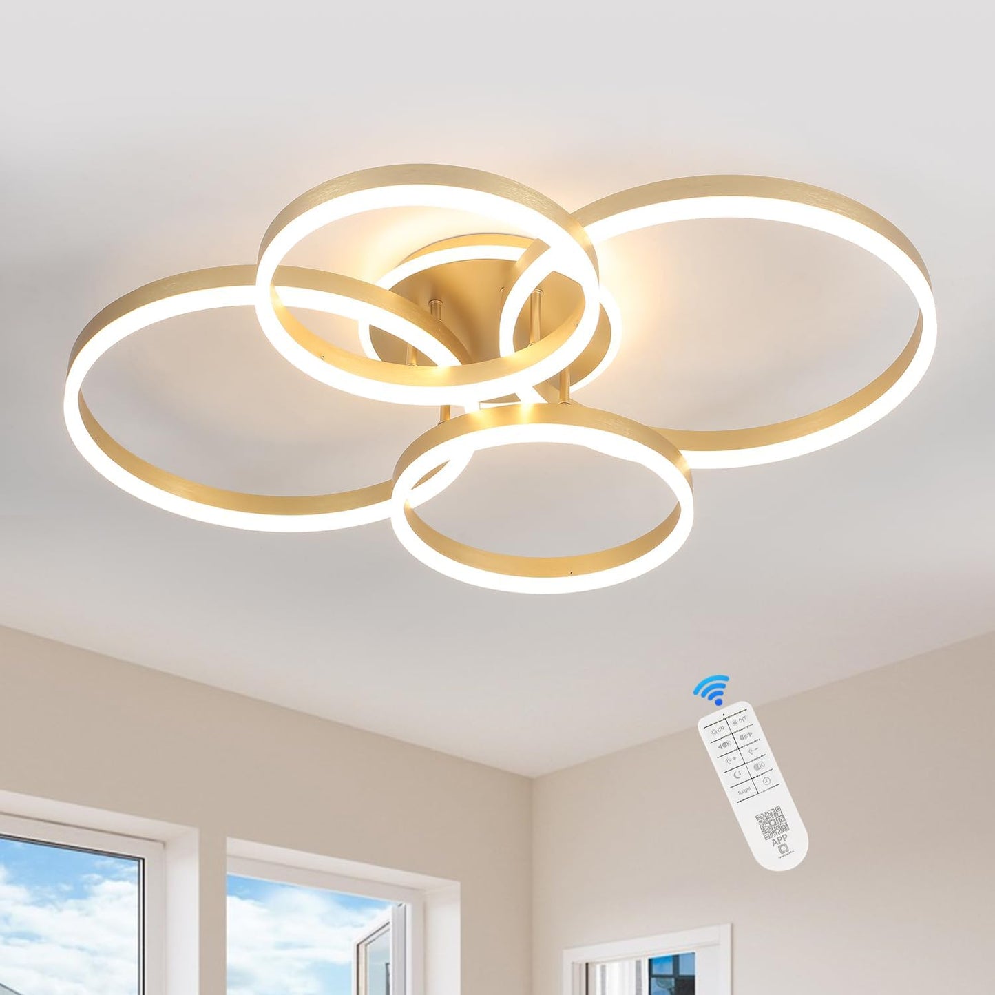 Candelabro LED 4 Anillos 34pulg Oro Cepillado Control Remoto