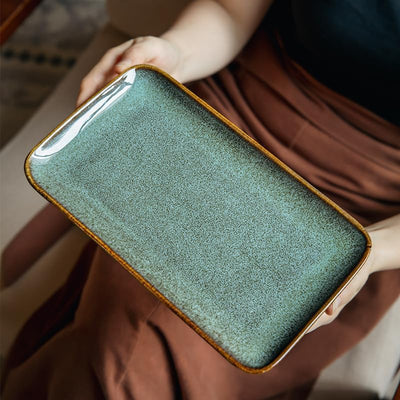 Bandeja rectangular de cerámica verde 10 pulgadas esmalte reactivo para servir cena aperitivo sushi organizador de tocador