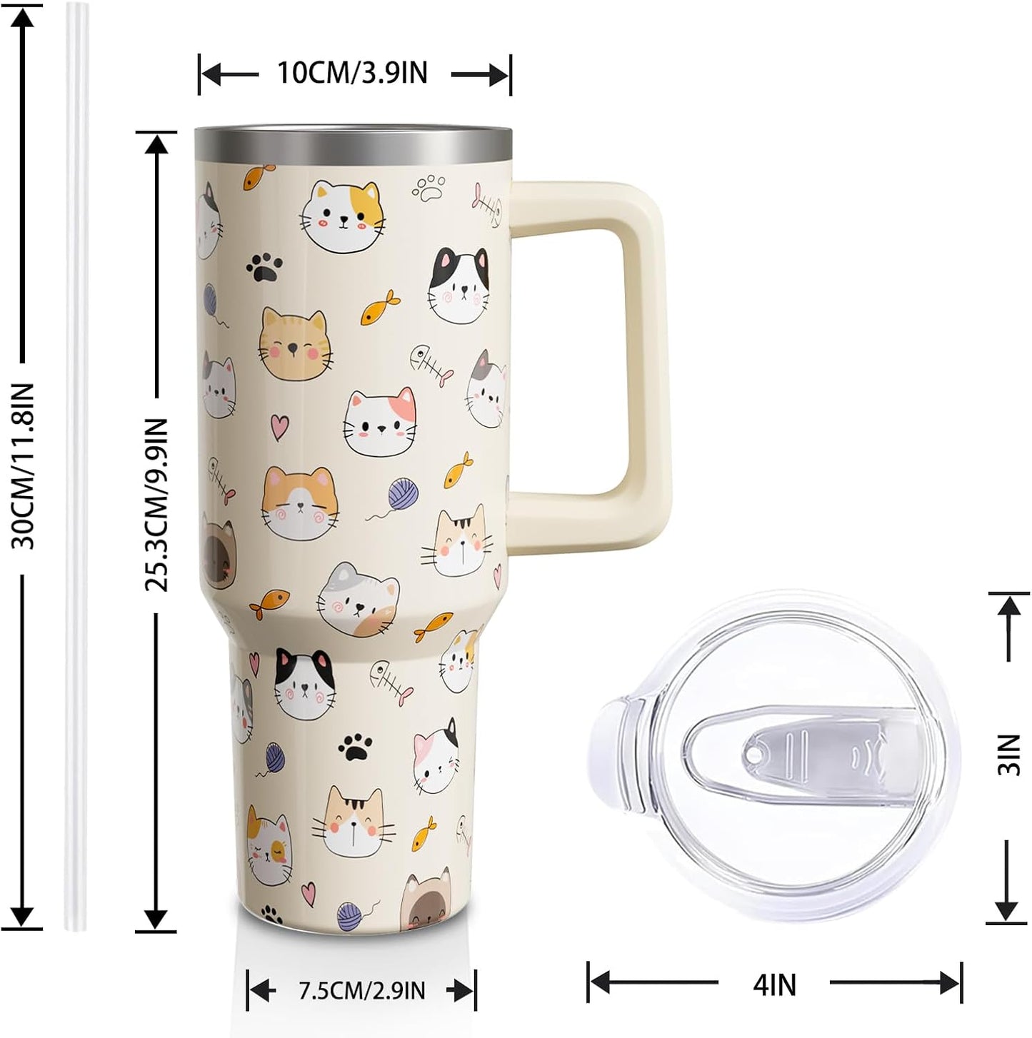 Vaso acero inox 40oz con asa tapa popote regalo gatos