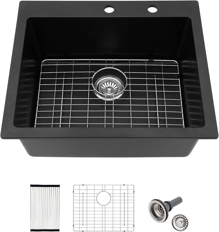 Fregadero cocina granito negro 25x22" cuenco único
