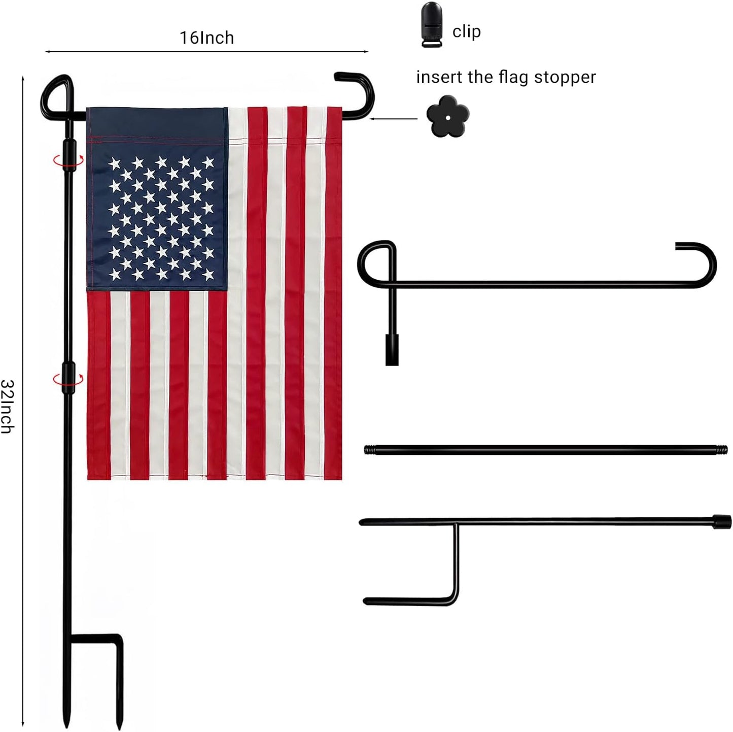 Bandera jardín americana 12x18" con soporte resistente