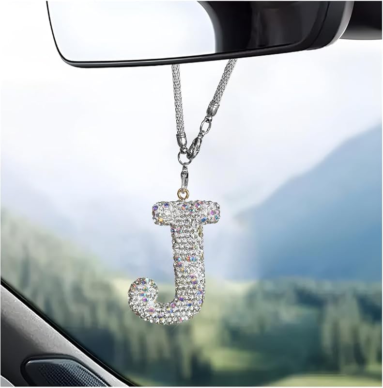 Adorno espejo retrovisor con letra J y dije de diamante