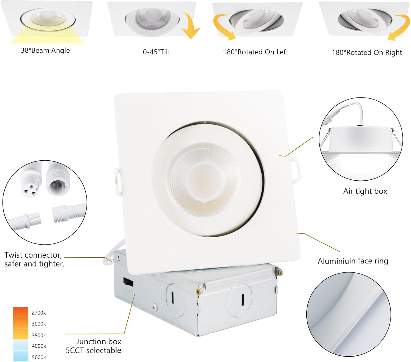 Iluminación empotrable cuadrada 4pulg pack 6 luces LED