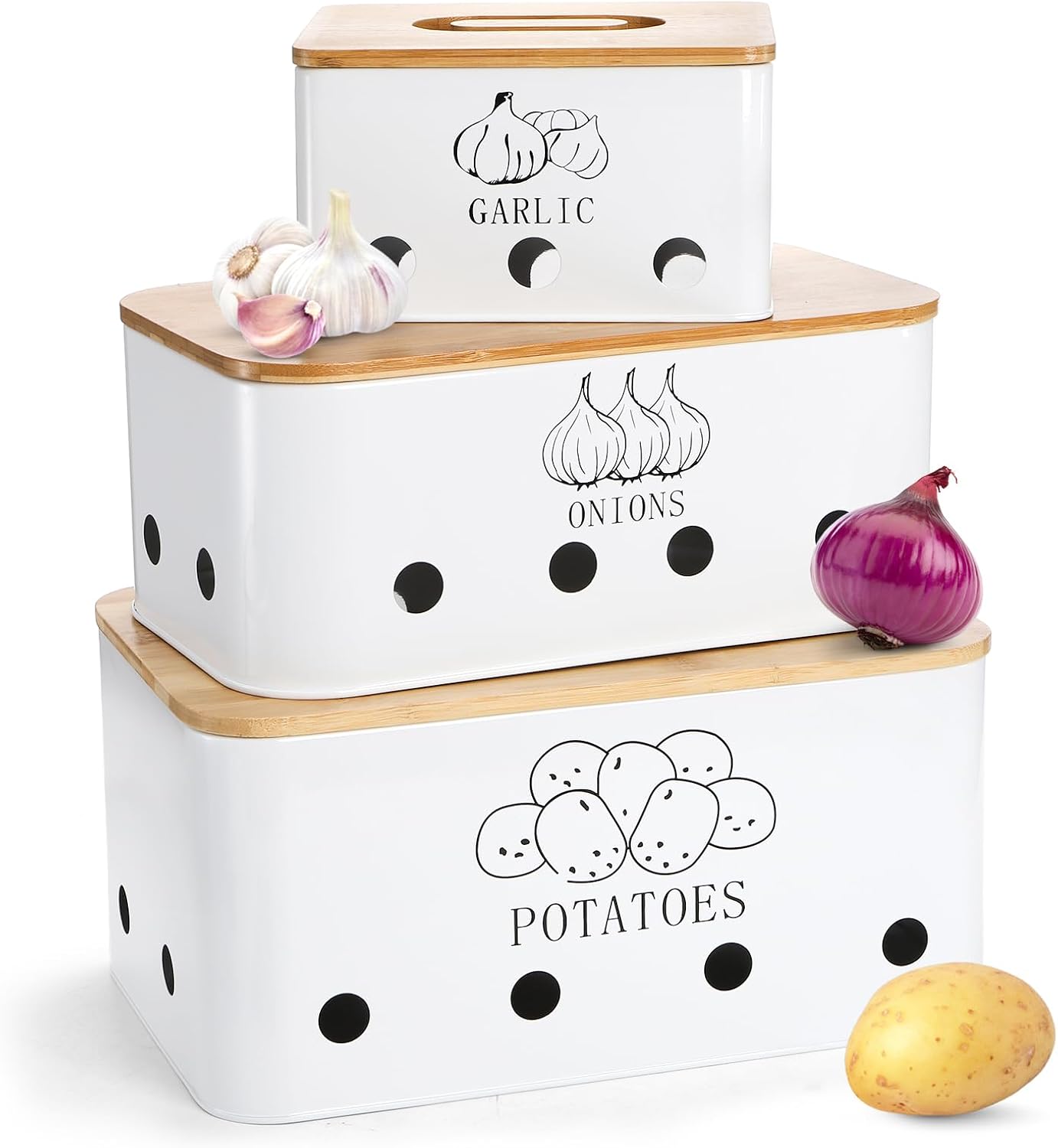 Set 3 Alm. Ajo Cebolla Patata Acero Inox con Tapas Bambú