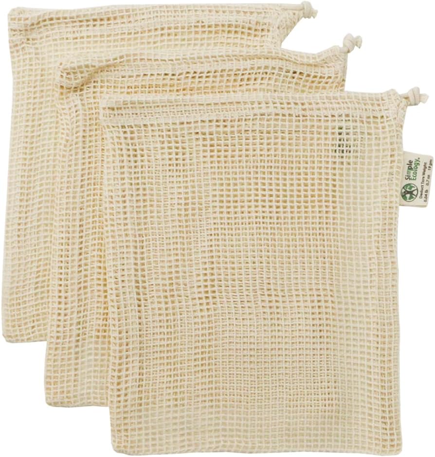 Bolsas reutiliz. malla algodón orgánico cordón 3 pzas