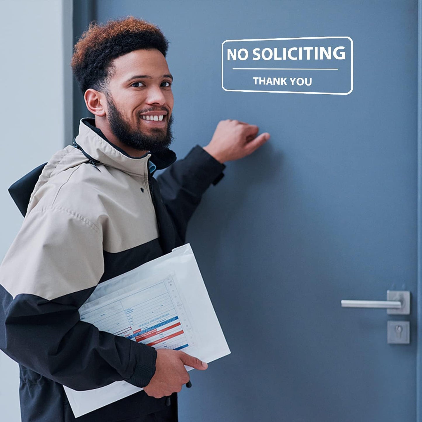Letrero No Soliciting 3x7pulg adhesivo para puerta impermeable 5uds