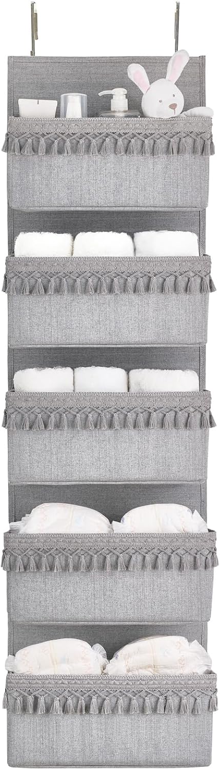 Organiz. bohemio para puerta con borlas 5 bolsillos gris