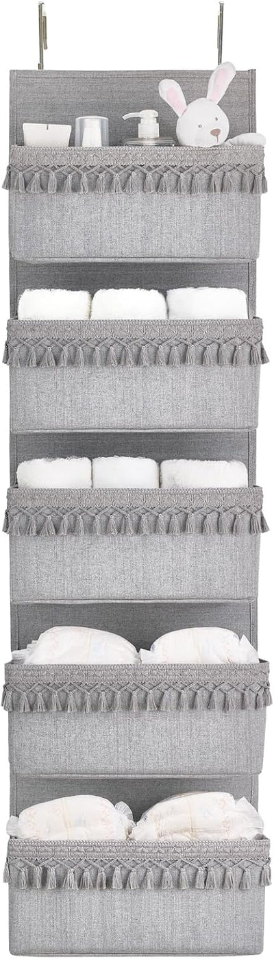 Organiz. bohemio para puerta con borlas 5 bolsillos gris