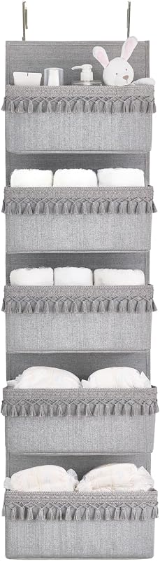 Organiz. bohemio para puerta con borlas 5 bolsillos gris