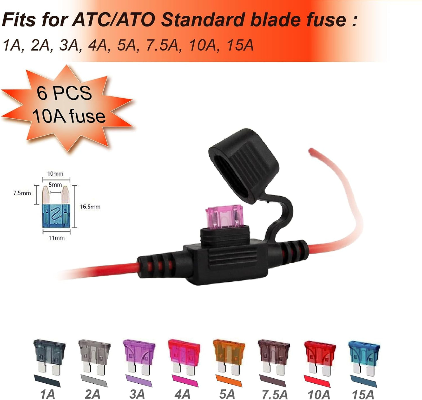 Juego 6 portafusibles 16 AWG 10A con conectores termorretráctiles