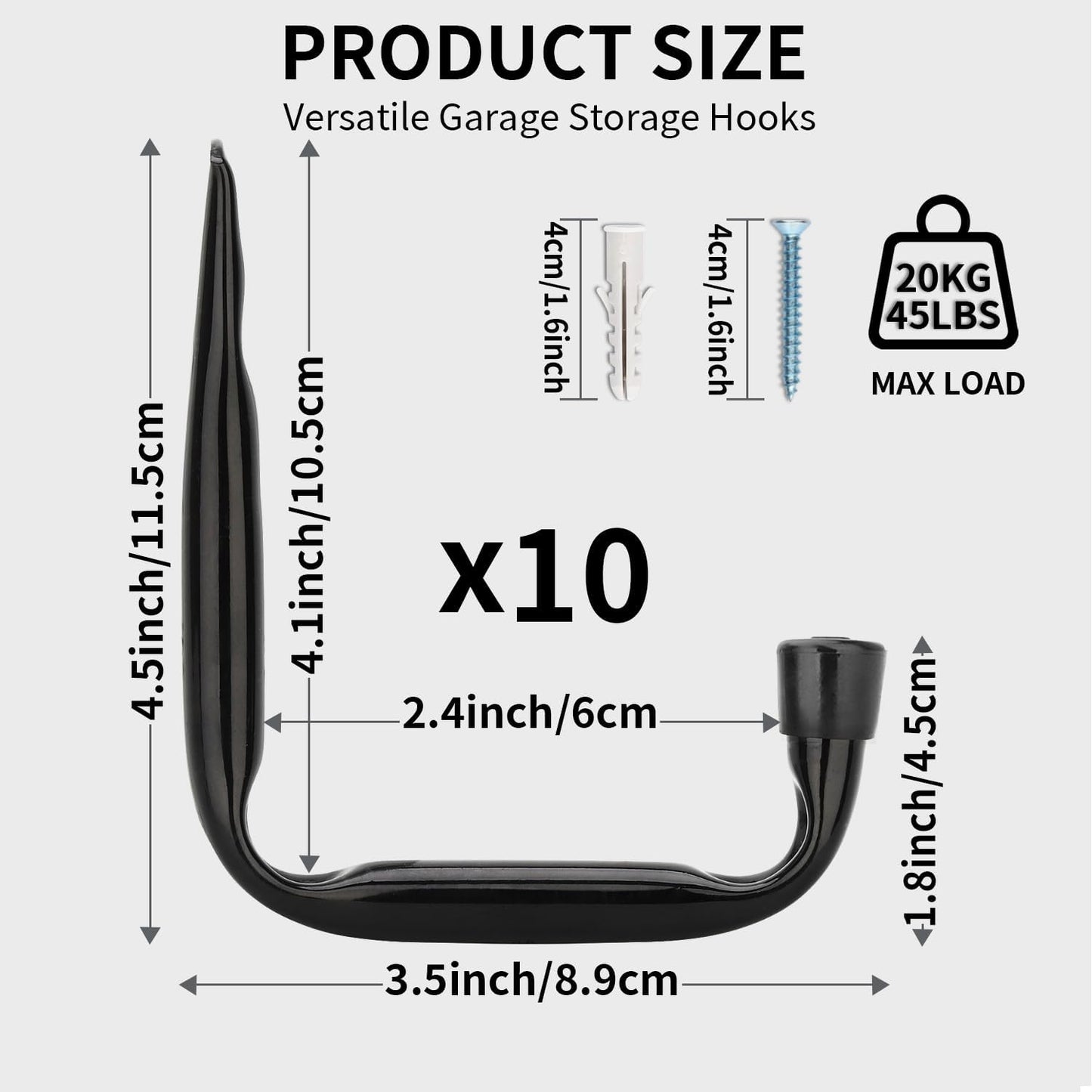 Ganchos almacenamiento garaje perchas J negro pack 10