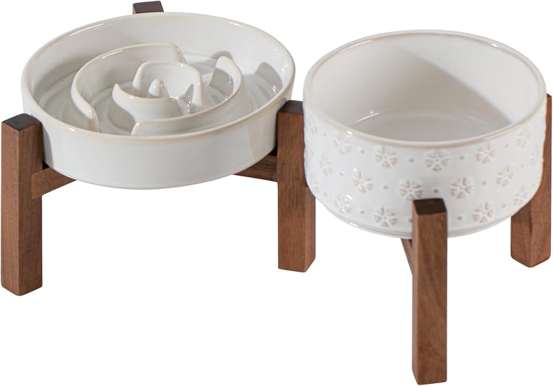 Set comederos perros cerámica 1.2 tazas soporte acacia