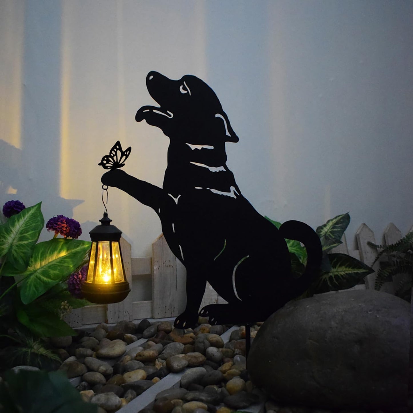 Estacas decoración jardín perro negro energía solar metal