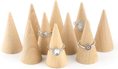10 Soportes Anillos Madera Forma Cono Joyería Vertical