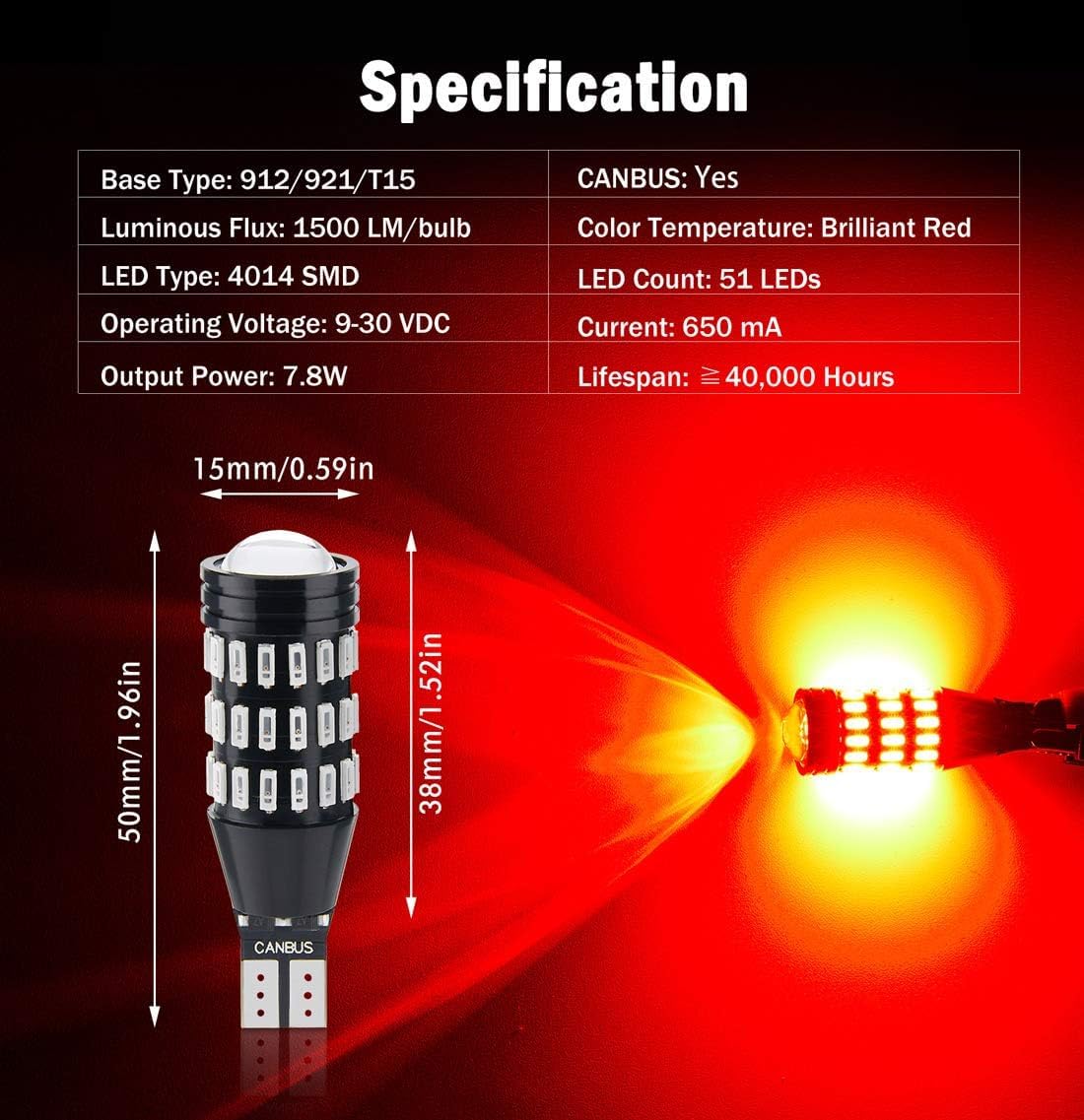 Bombillas LED Canbus 1500lm T15 W16W rojo brillante set 2