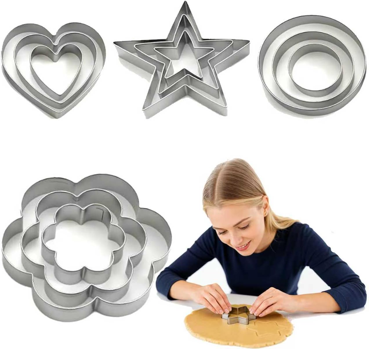 Juego de 12 moldes para galletas de acero inoxidable forma flor, corazón y estrella para cocina cumpleaños navidad día de san valentín
