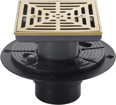 Cuadrado drenaje ducha dorado cepillado 4-1/4pulg base pvc