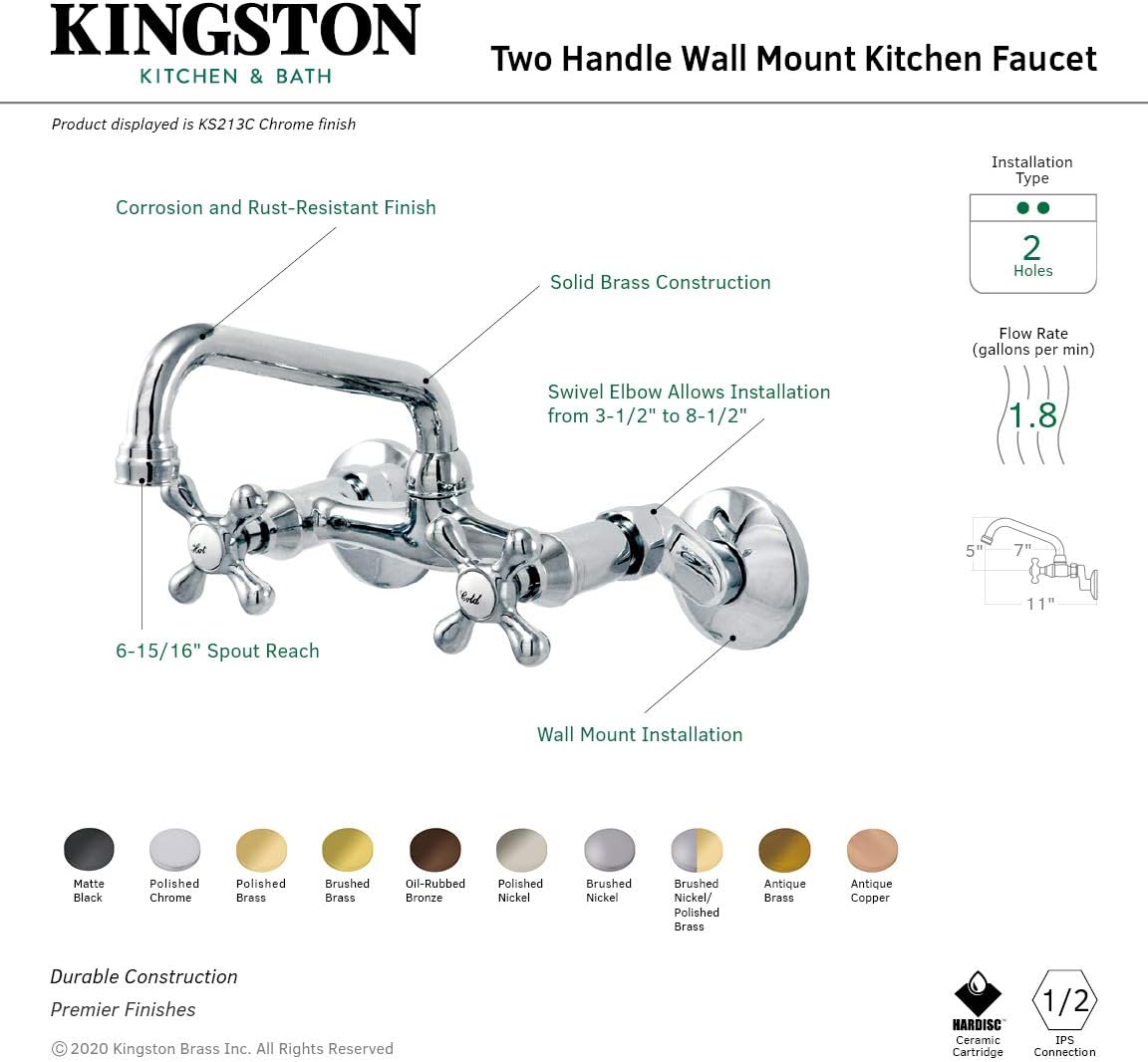 Llave cocina con 2 manijas pared KS213SN