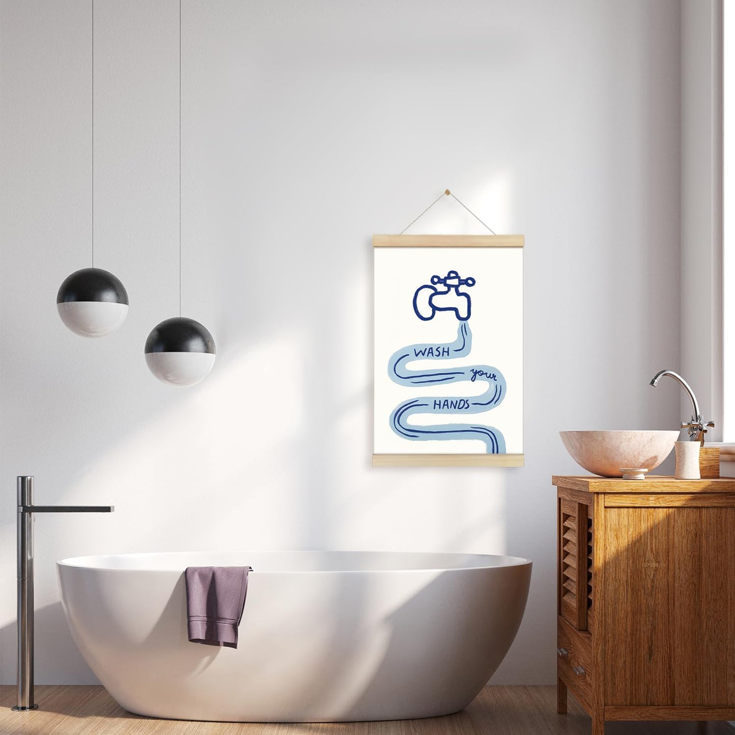 Arte pared baño infantil con texto wash you hands azul