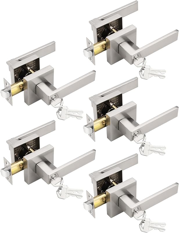 5 Manijas Puerta Cerradura Níquel Cepillado Set