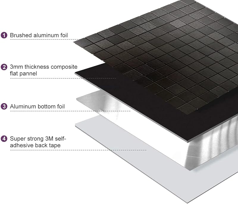 11 Hojas Azulejos Autoadhesivas Aluminio Cepillado Negro