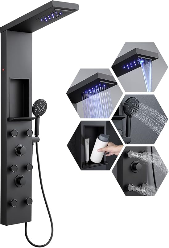Panel ducha LED 6 chorros ajustables negro mate acero inox